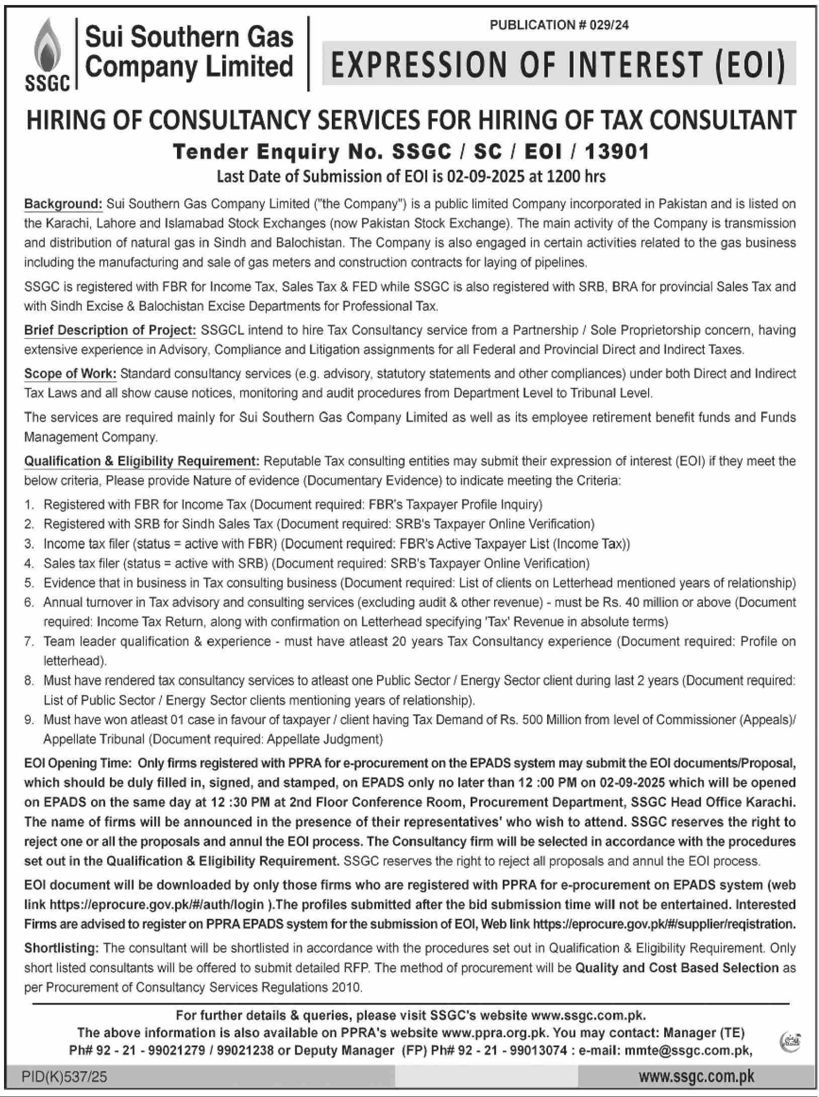 Sui Southern Gas Company Limited Tender Notice